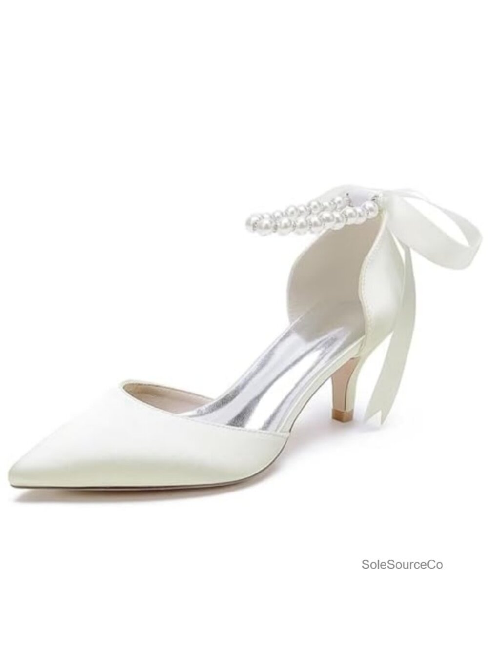 Satin Pointed Toe Kitten Heel Wedding Pumps with Pearl Ankle Strap